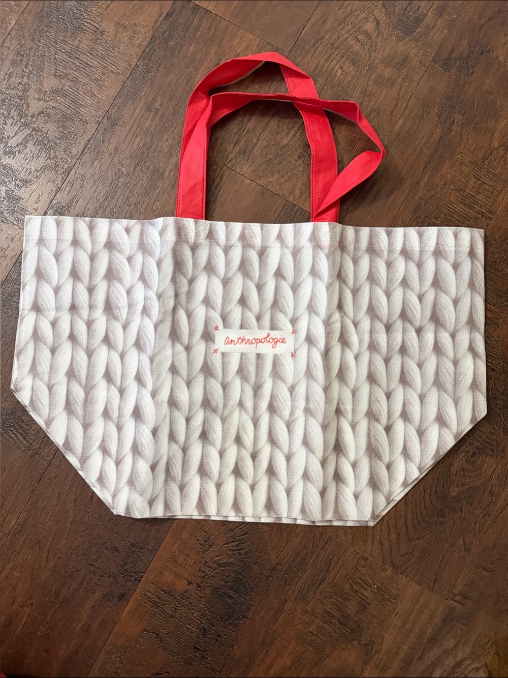 Anthropologie Cream/Grey Knit-Print Tote with Red Handles